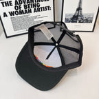 Black mesh baseball cap interior view with mesh crown panels and strap