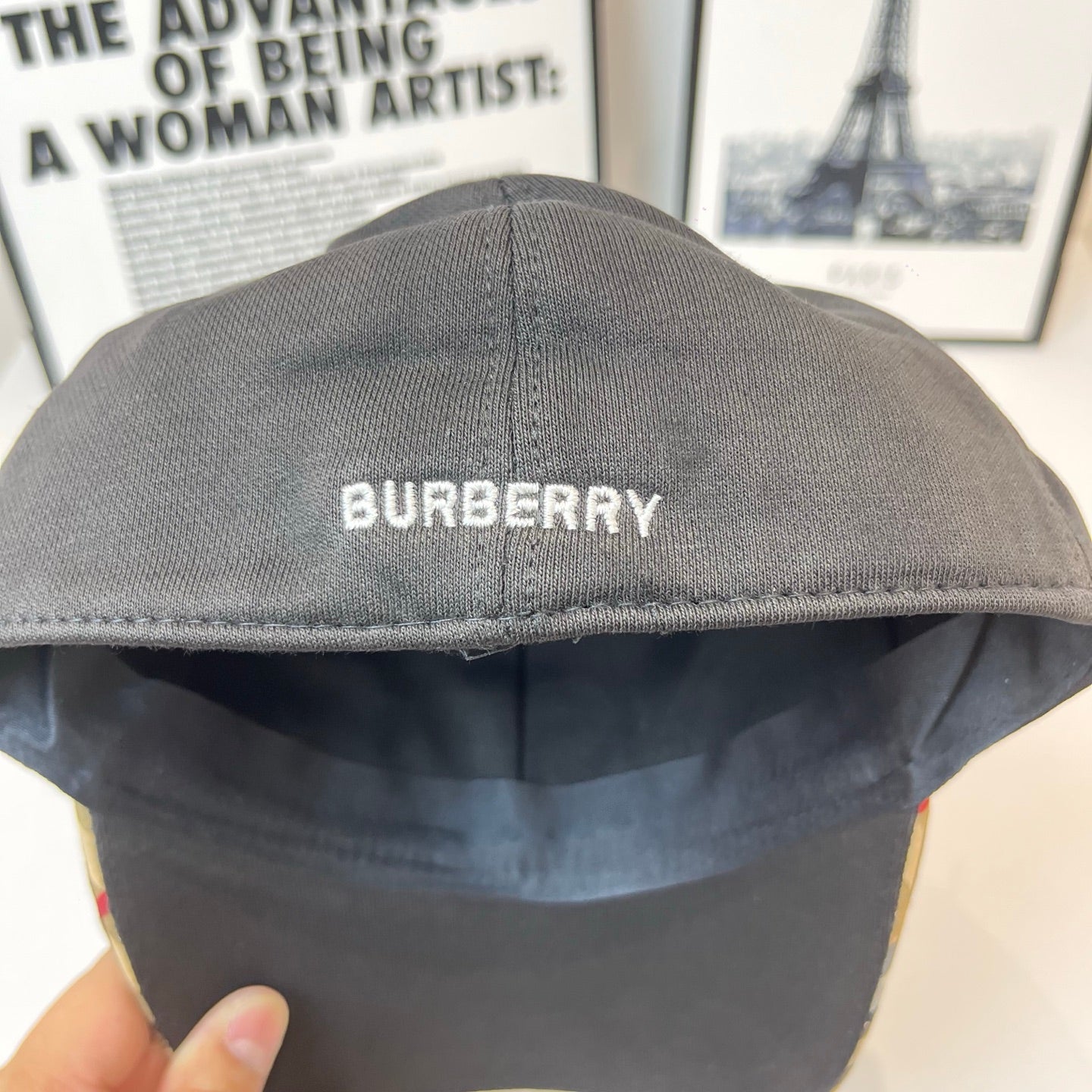 Gray cap back with 'BURBERRY' embroidered label on crown