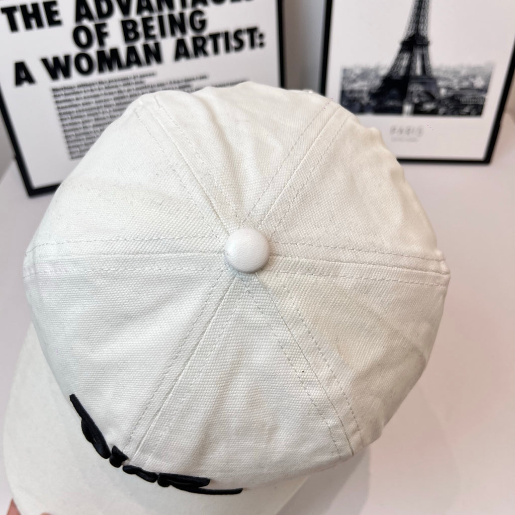White canvas cap back with round button and curved seam lines.