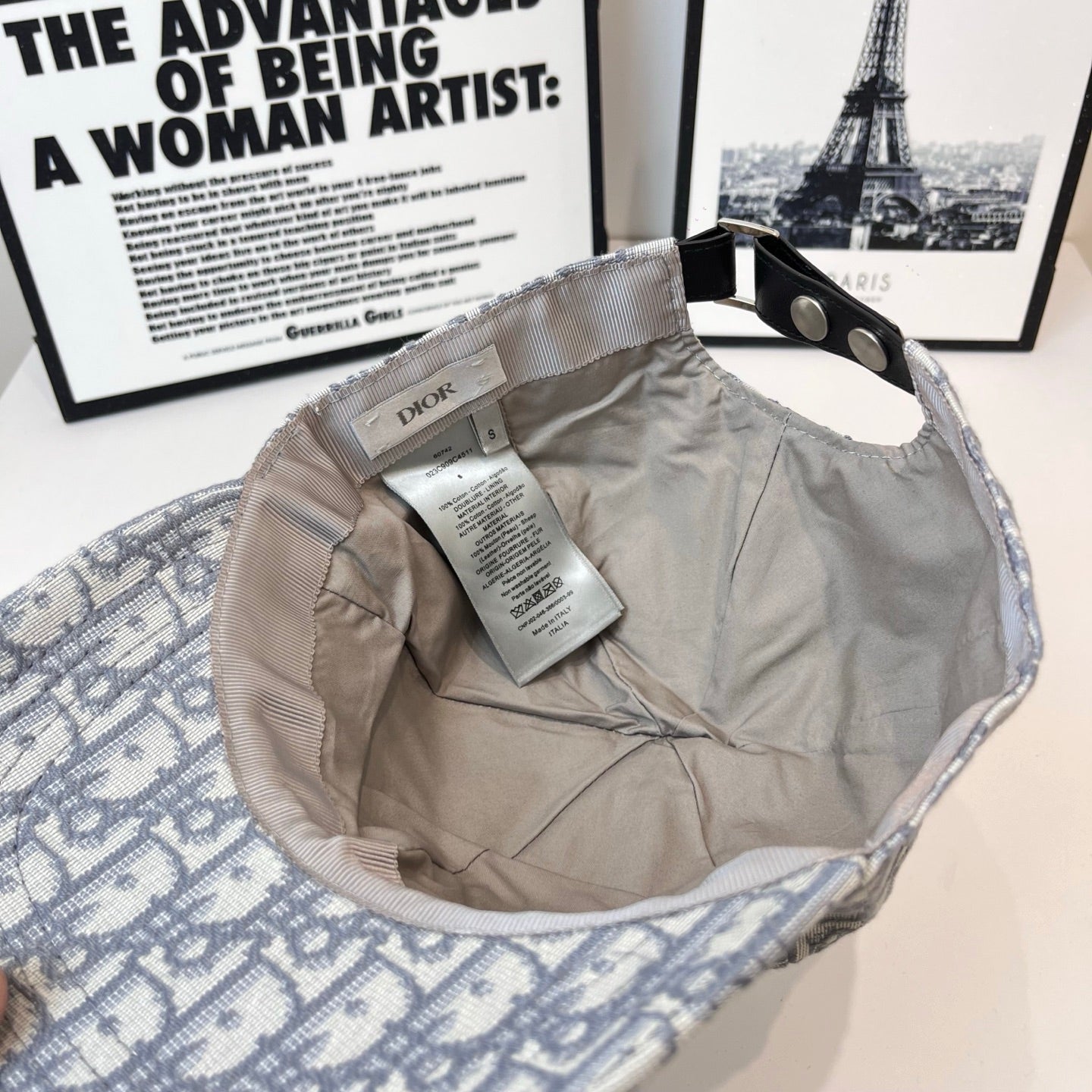 Dior monogram cap inside view with beige lining and size tag