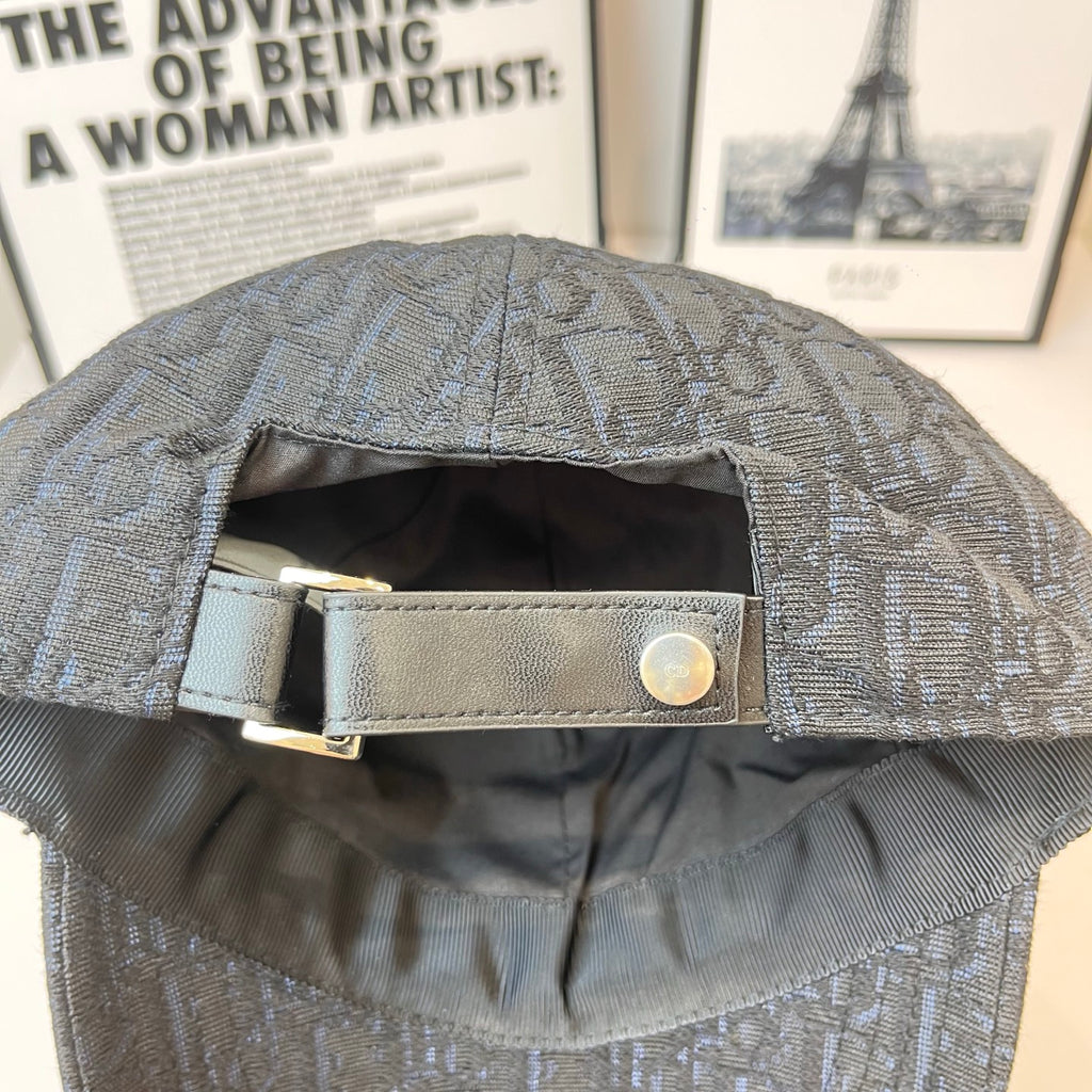 Dior monogram cap back with adjustable strap and metal buckle, close-up