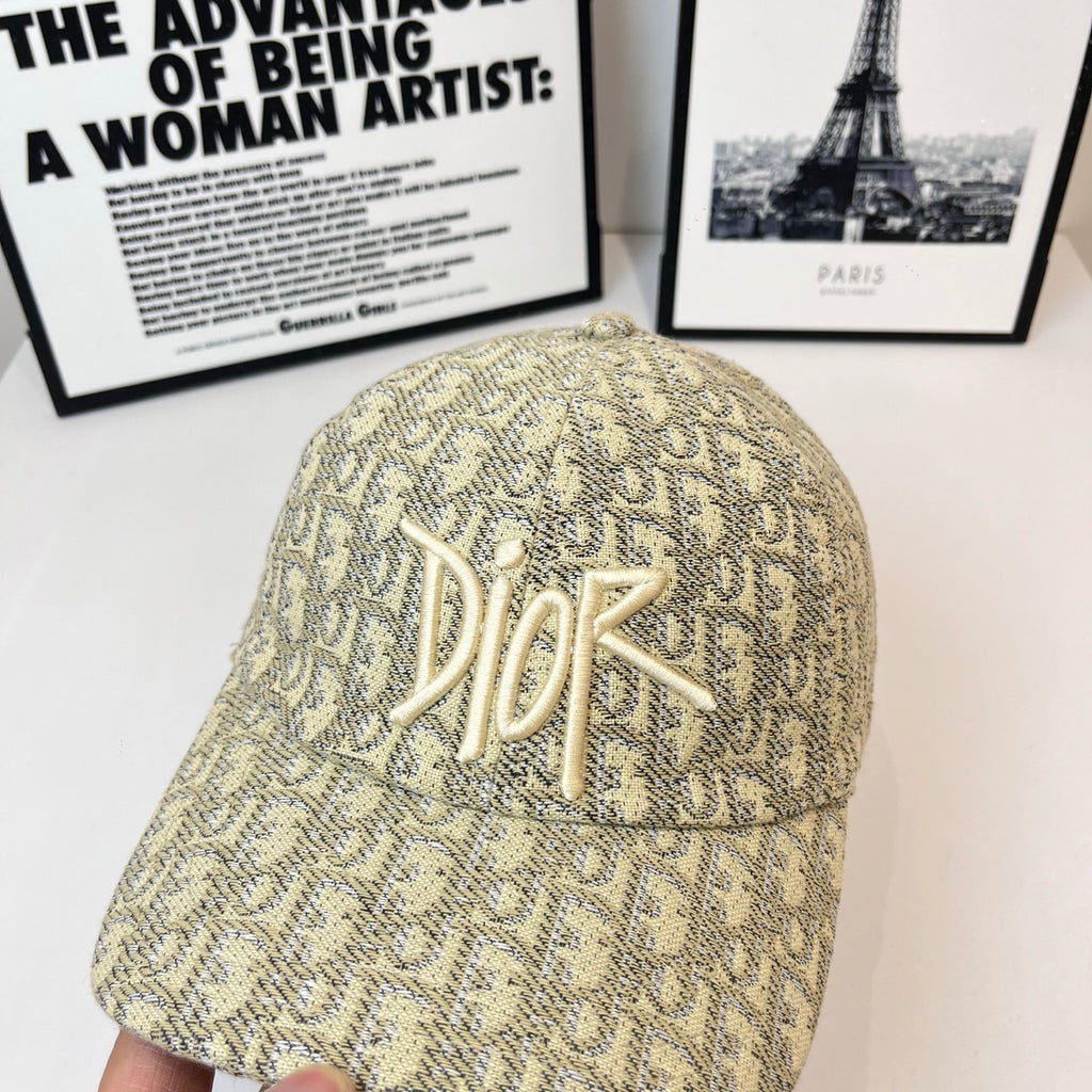 Dior cap in beige monogram fabric with raised Dior logo embroidery, detailed front.