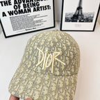 Dior cap in beige monogram fabric with raised Dior logo embroidery, detailed front.