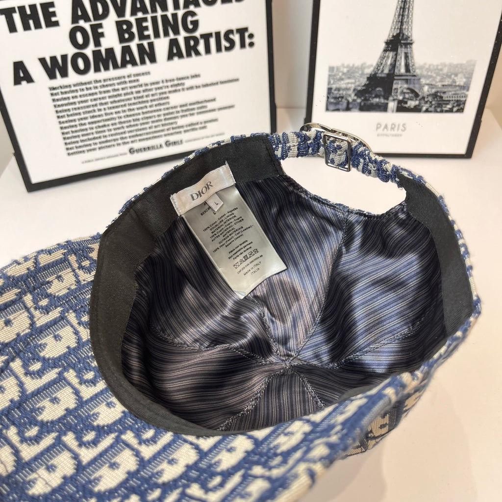 Dior cap interior view with gray lining and attached paper tag inside the crown.