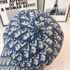 Dior cap close-up of blue-and-white monogram jacquard fabric on the crown.