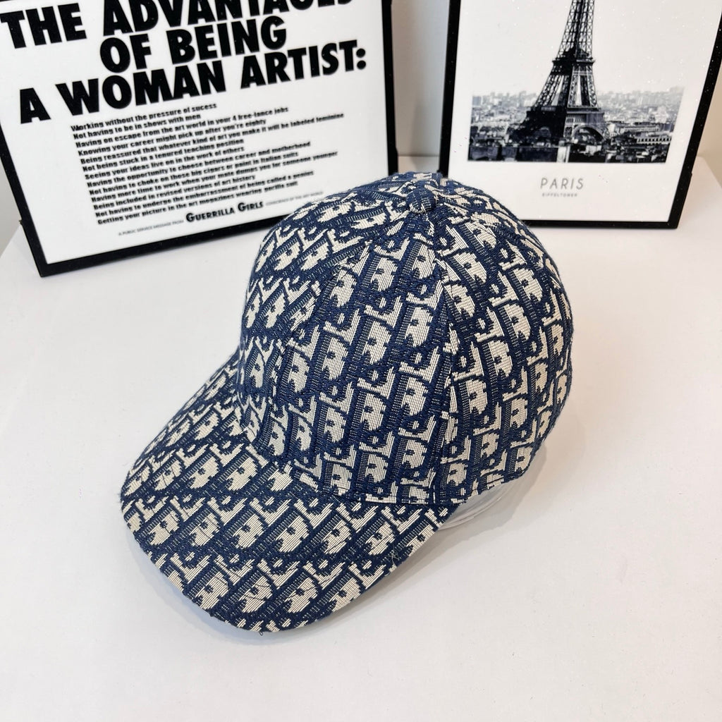 Dior baseball cap with blue-and-white monogram pattern, curved brim and panel seams.