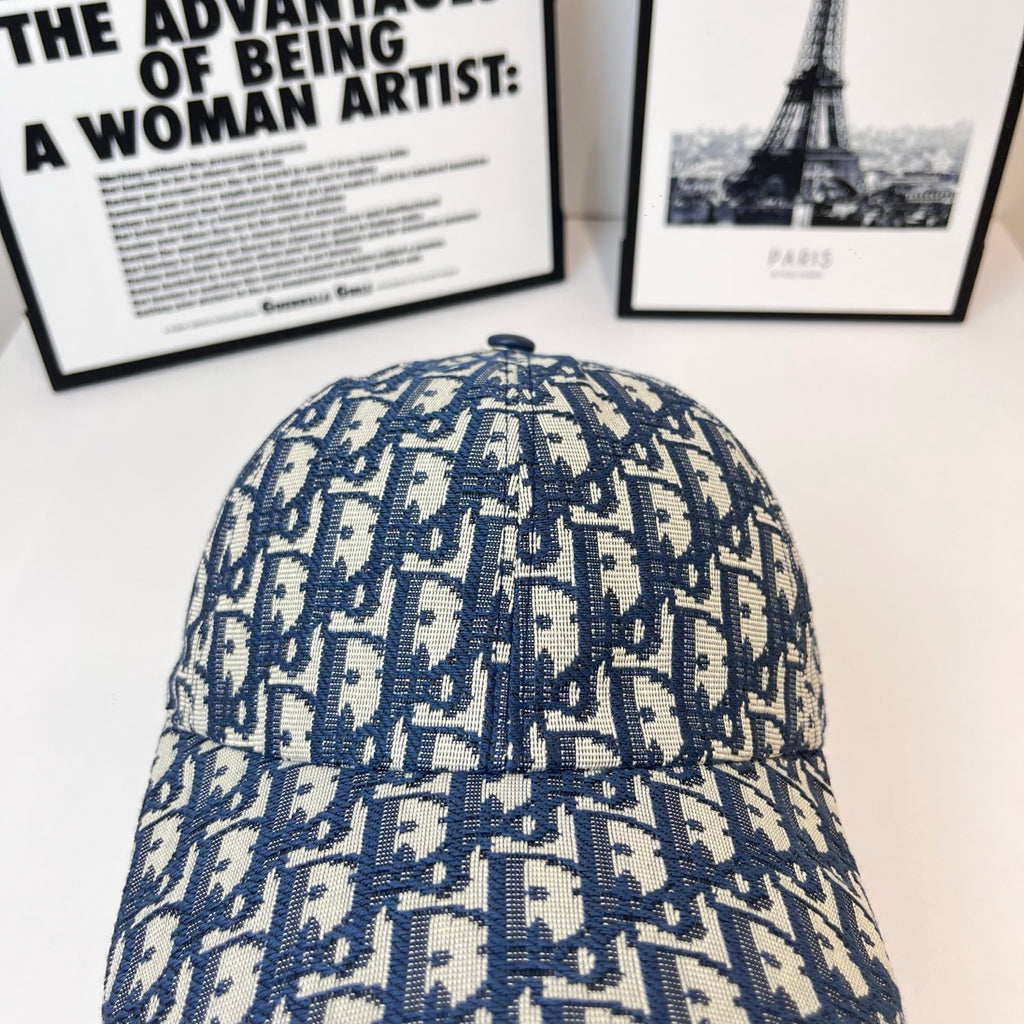 Dior cap in blue with patterned crown, dome top and curved brim