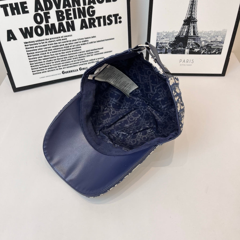 Dior cap with curved brim and dark-blue interior lining, side view