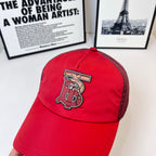 Red baseball cap with large front embroidered logo on crown