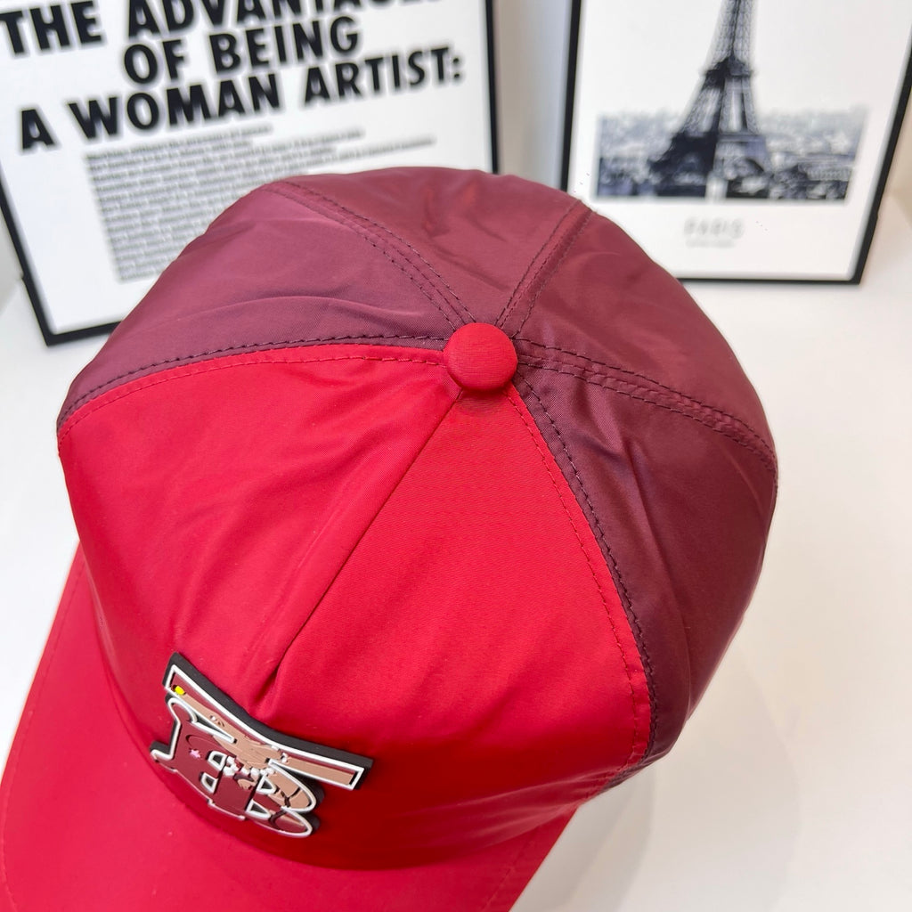Red baseball cap showing crown seams and round button top