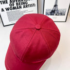 Burberry red cap back view with stitched crown and round fabric button