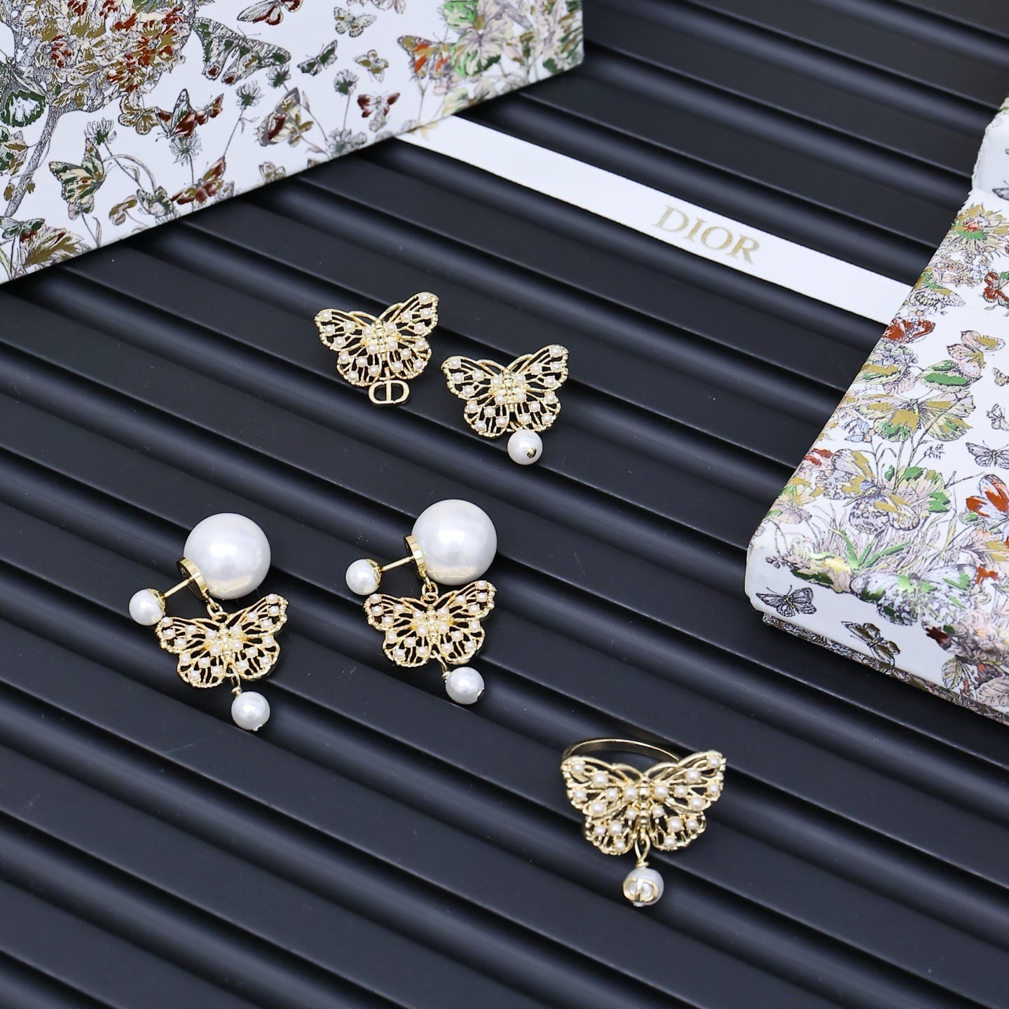 Dior gold-tone butterfly earrings set with pearl drops and crystals