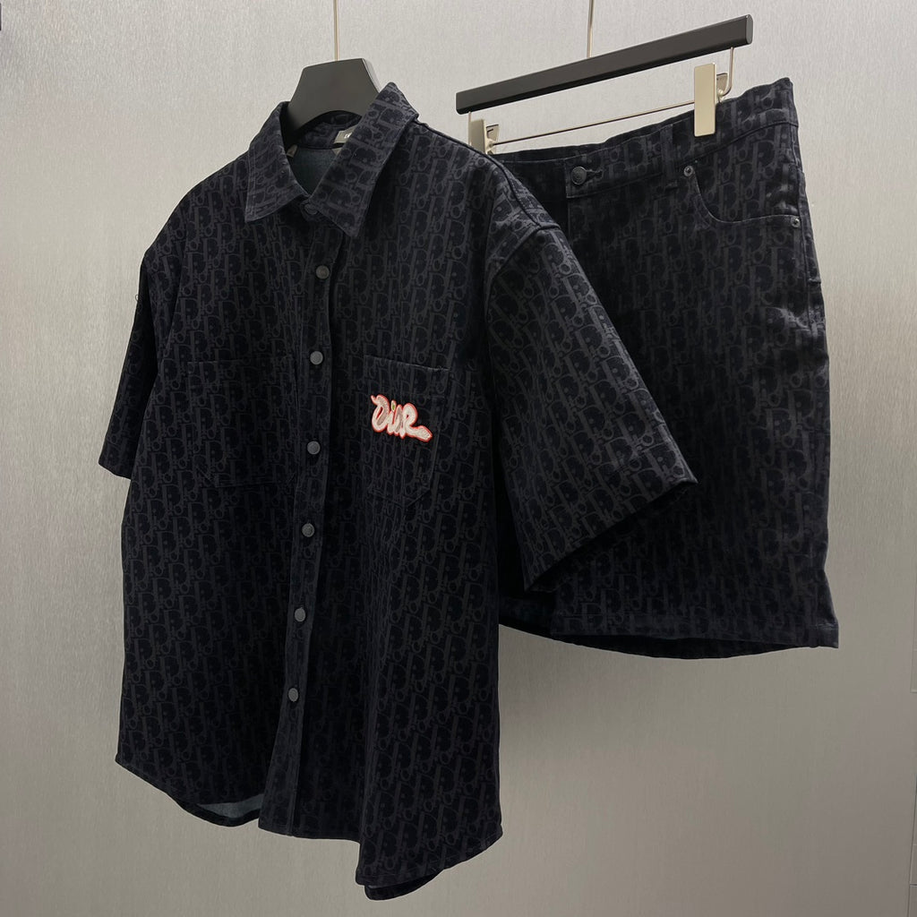 Dior patterned shorts and shirt set, shorts shown on hanger
