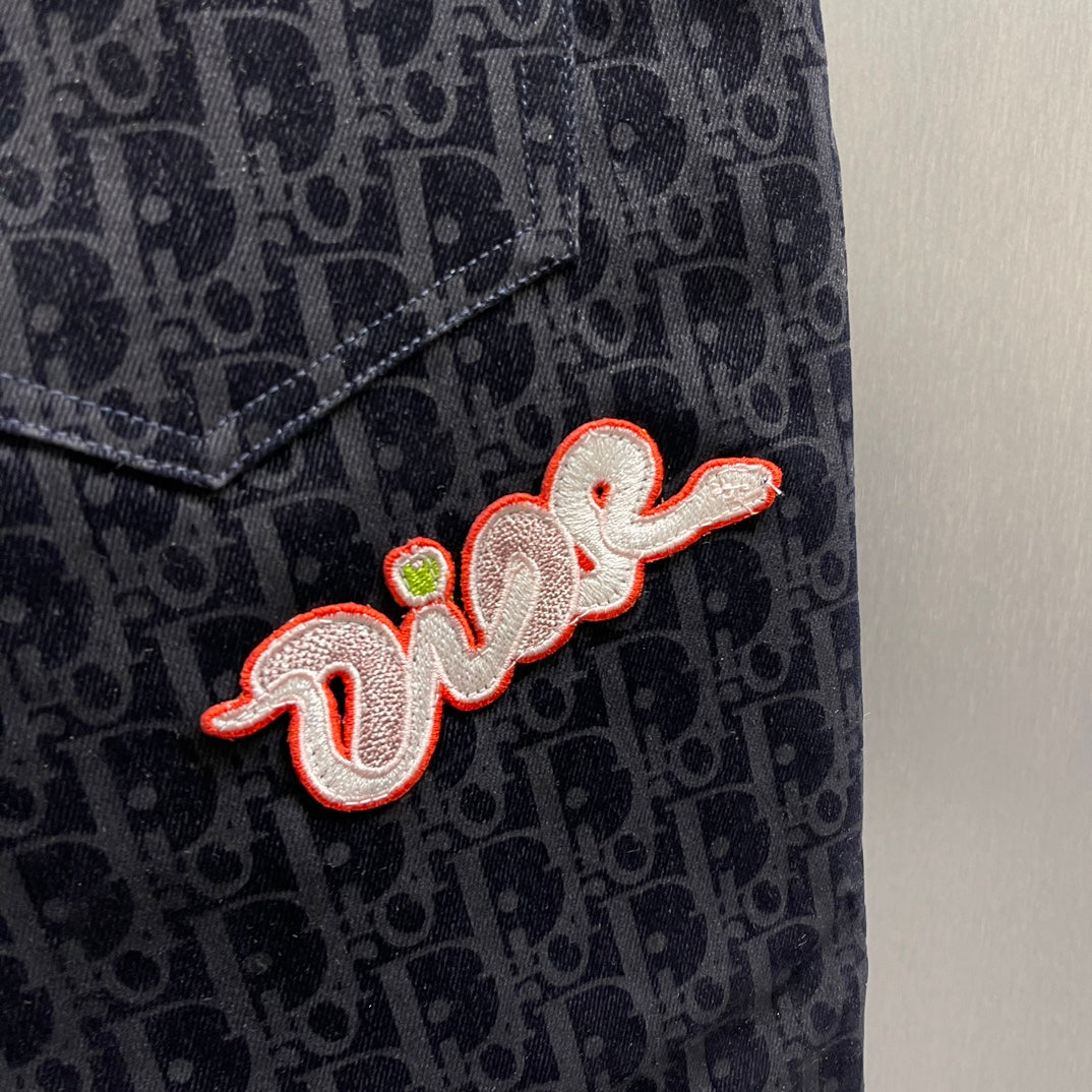 Dior patterned shorts with colorful 'Dior' script embroidery on thigh