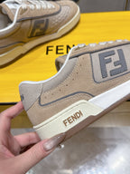 Fendi unisex sneaker close-up of side, beige suede with dark FENDI logo panel