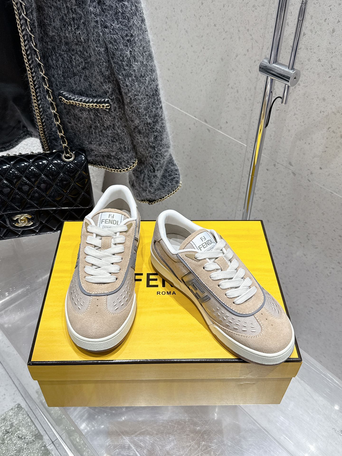 Fendi unisex sneakers pair, beige suede-look with white midsoles and logo detail