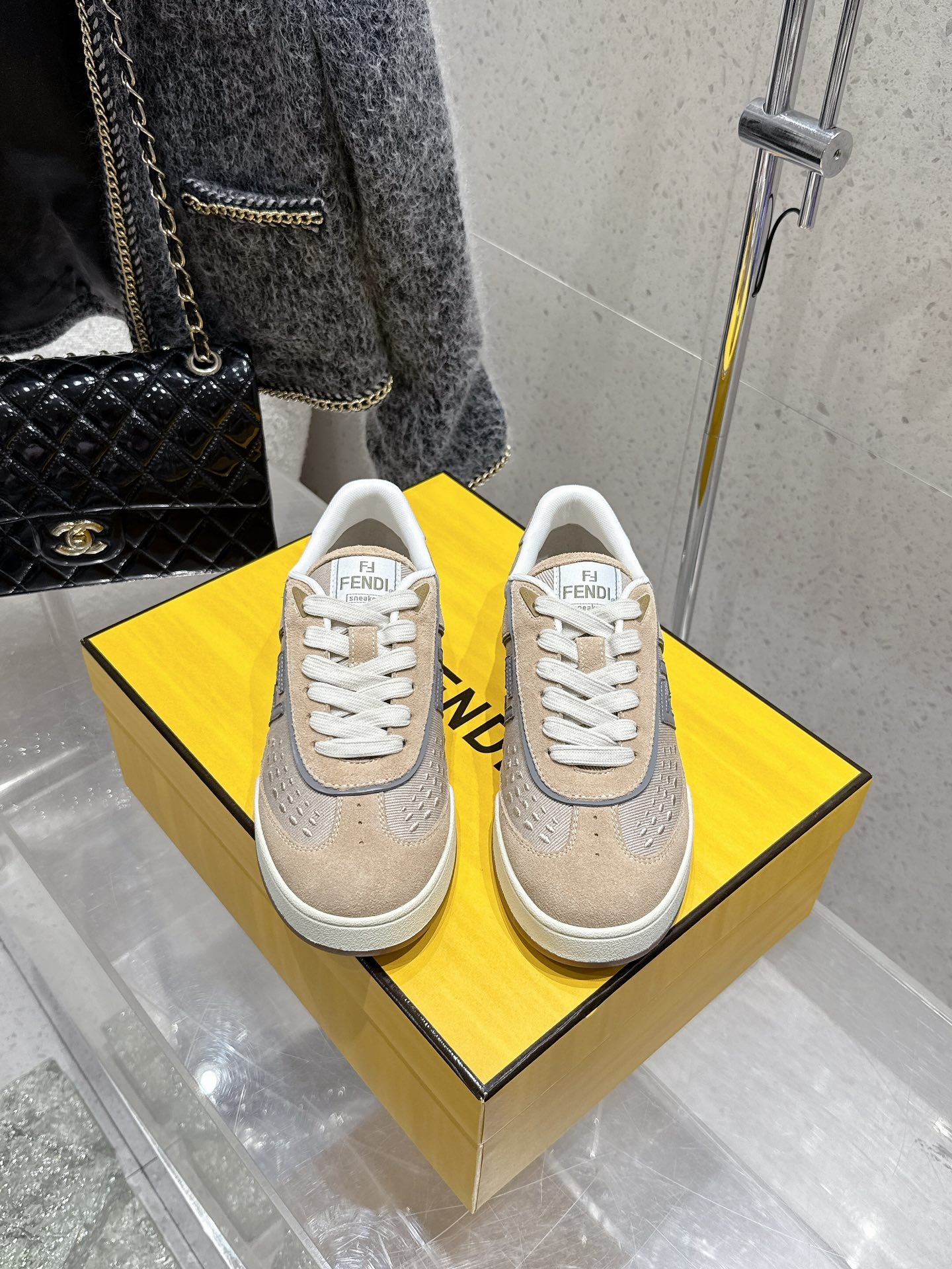 Fendi unisex sneakers in beige with white laces and low-top design