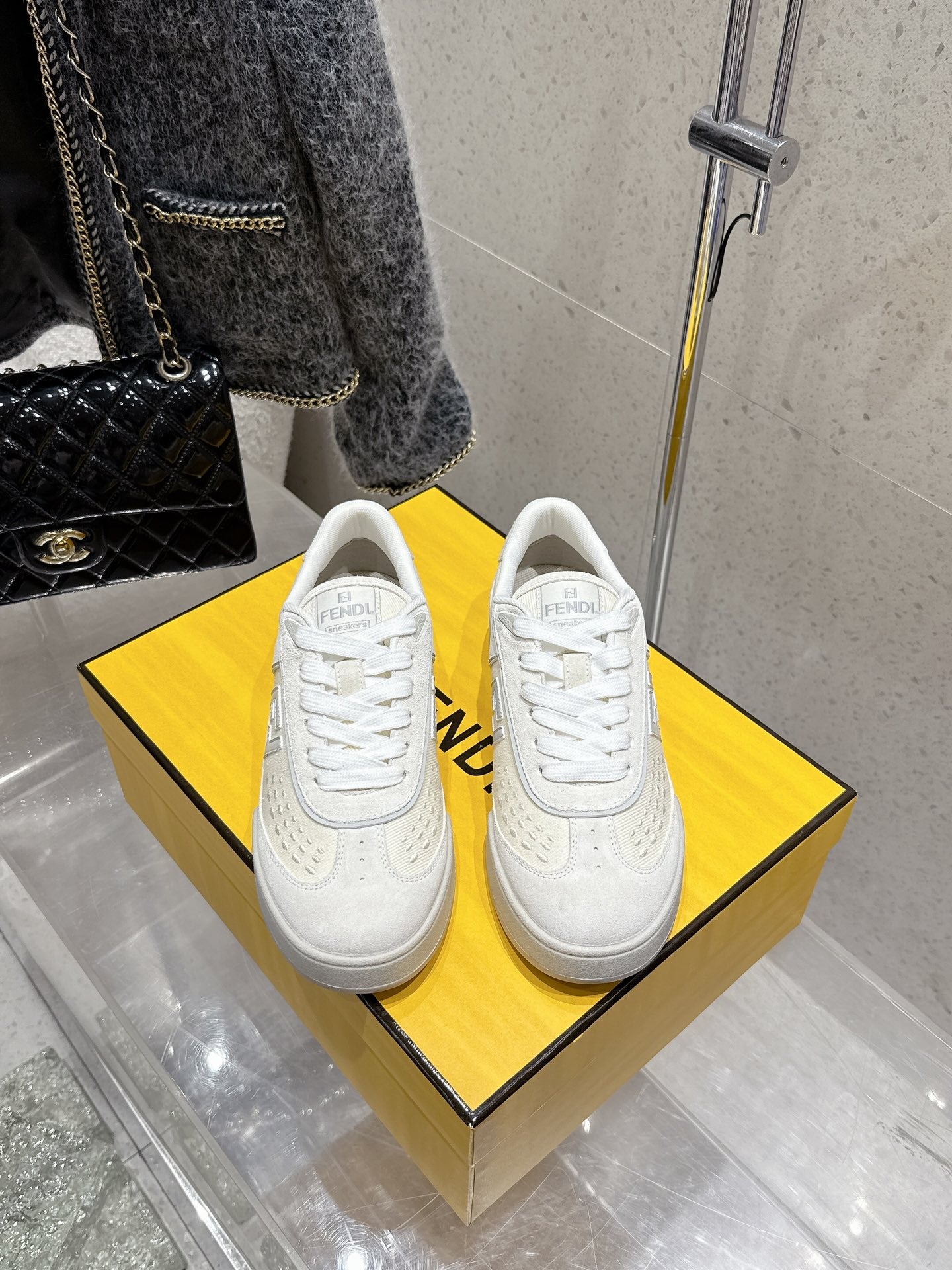 Fendi unisex sneakers, white leather, lace-up with logo on tongue and sides