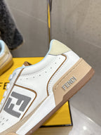Fendi unisex sneakers side view with white leather-look, beige trim and F logo