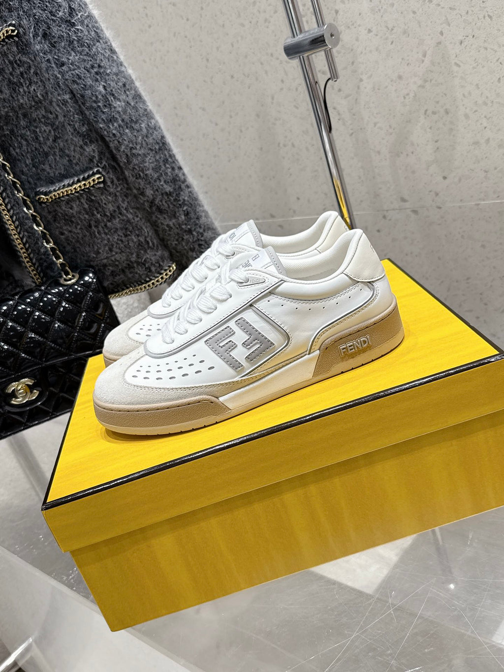 White Fendi sneakers with FF side logo and beige rubber sole