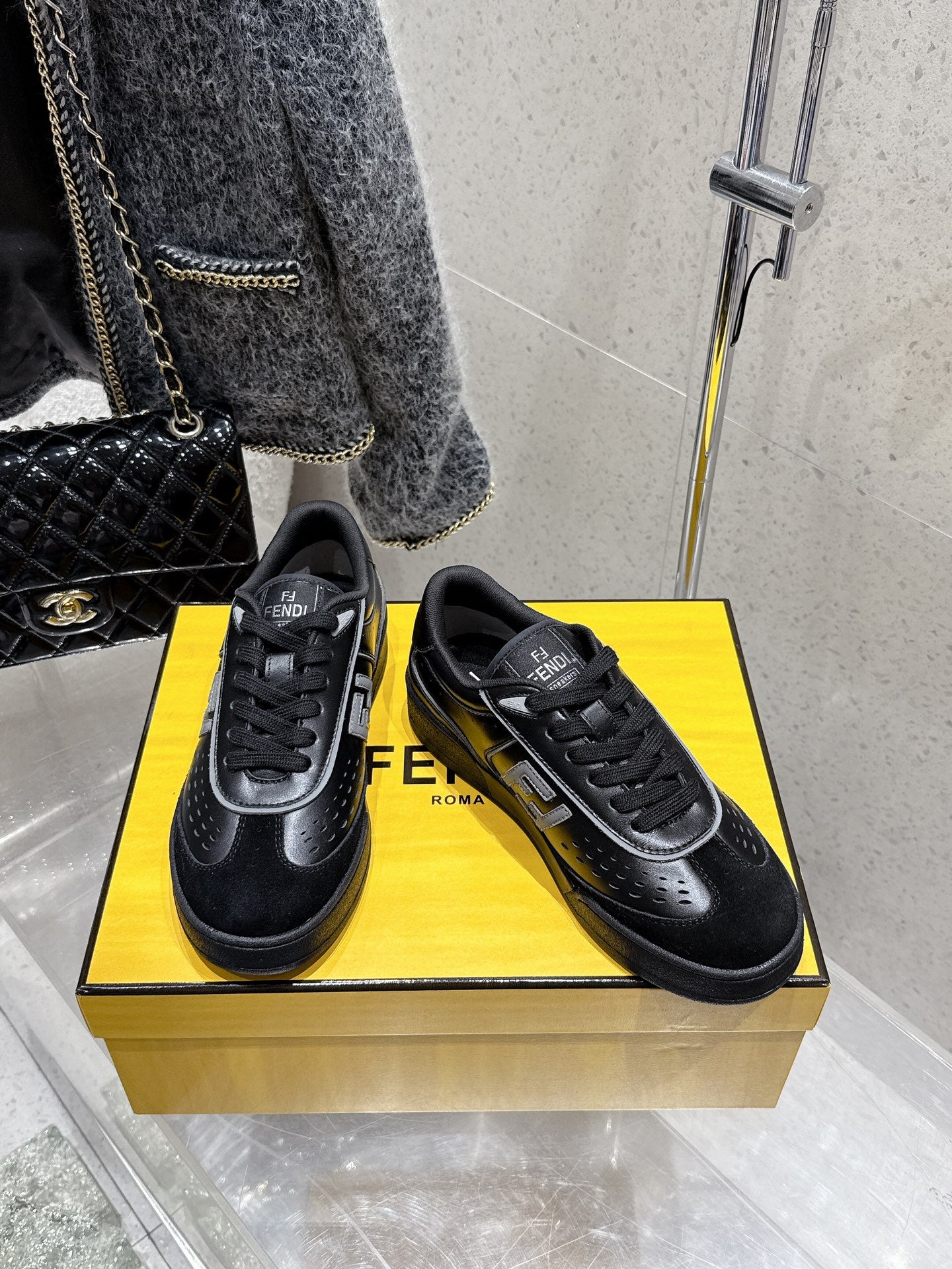 Fendi unisex sneakers, black with FF detail on side and lace-up front