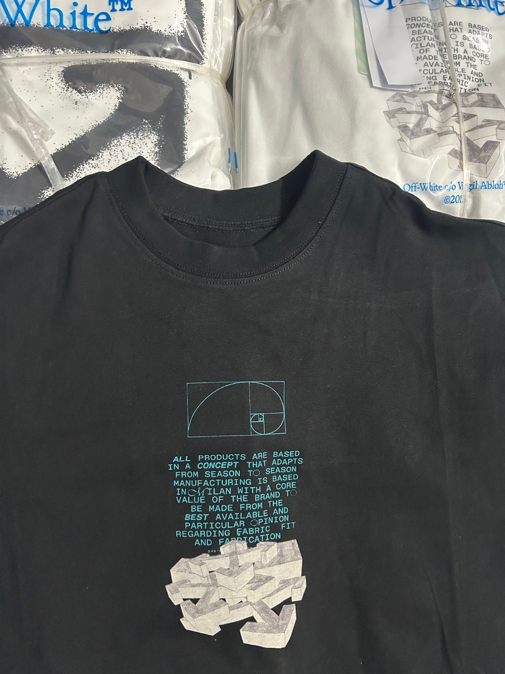 Black crewneck T-shirt with centered white graphic and small text block.