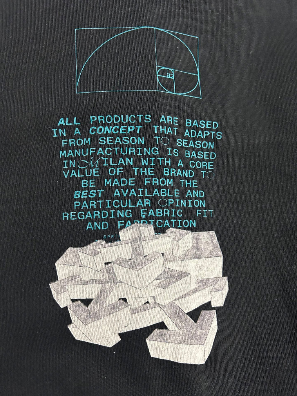 Black graphic T-shirt with teal outline text and a white layered emblem.