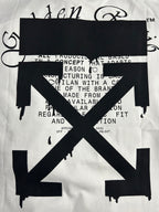 Off White graphic T-shirt close-up, white with black X arrow graphic and 2020