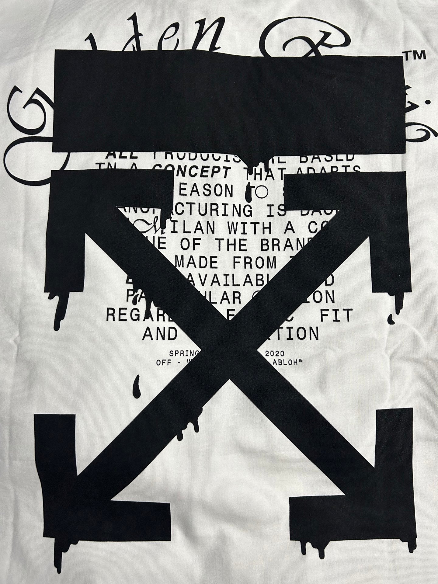 Off White graphic T-shirt close-up, white with black X arrow graphic and 2020