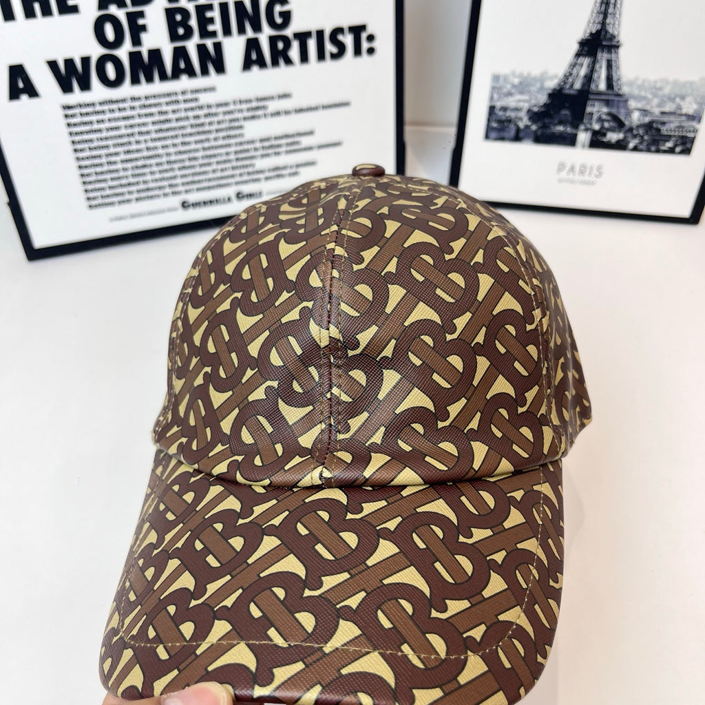 Burberry cap with monogram print, front panel seam, curved brim