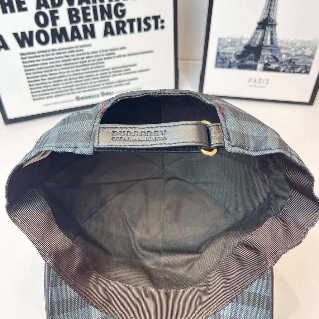 Burberry cap interior with adjustable strap and embroidered logo patch