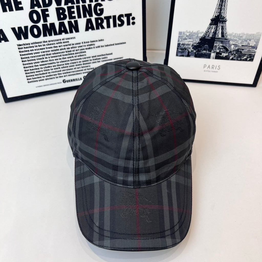 Burberry dark plaid cap with curved brim and stitched crown panels