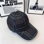 Burberry plaid baseball cap with curved brim, side profile