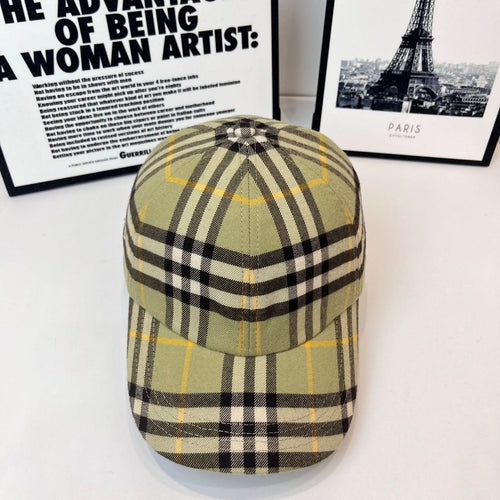 Burberry plaid cap in olive with black and yellow checks, curved brim