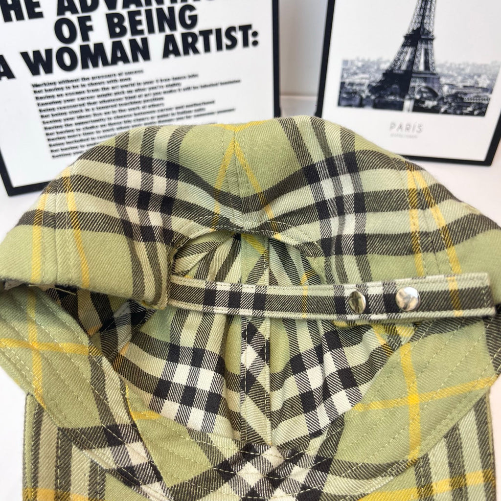 Burberry plaid cap back detail, olive plaid with adjustable strap and metal snaps