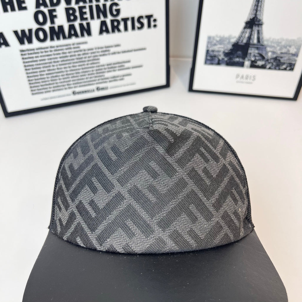 Gray mesh baseball cap with dark FF jacquard front and black brim
