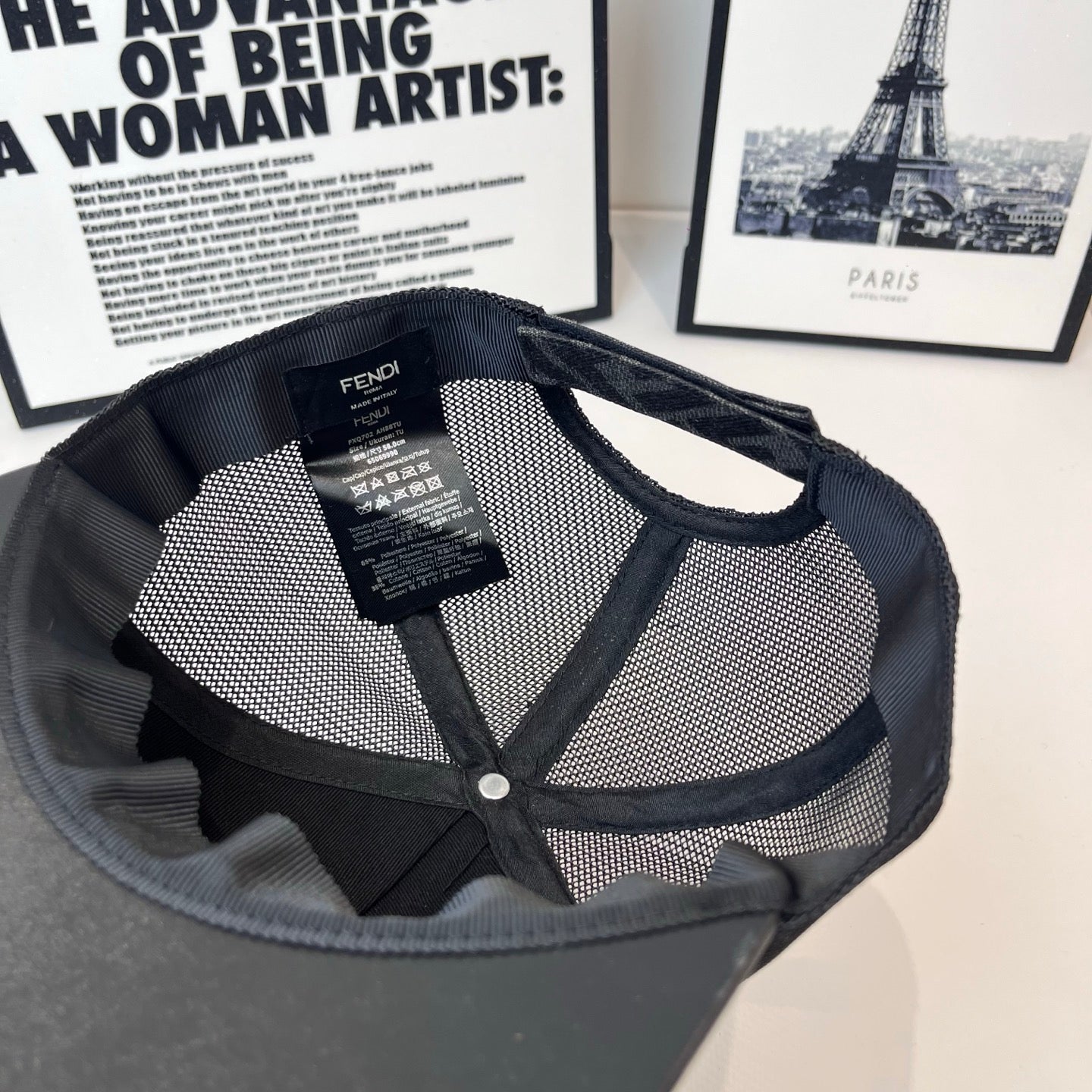 Mesh baseball cap with interior brand tag and dark brim