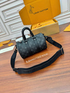 Men's Louis Vuitton monogram bag with shoulder strap, dark gray, angled view
