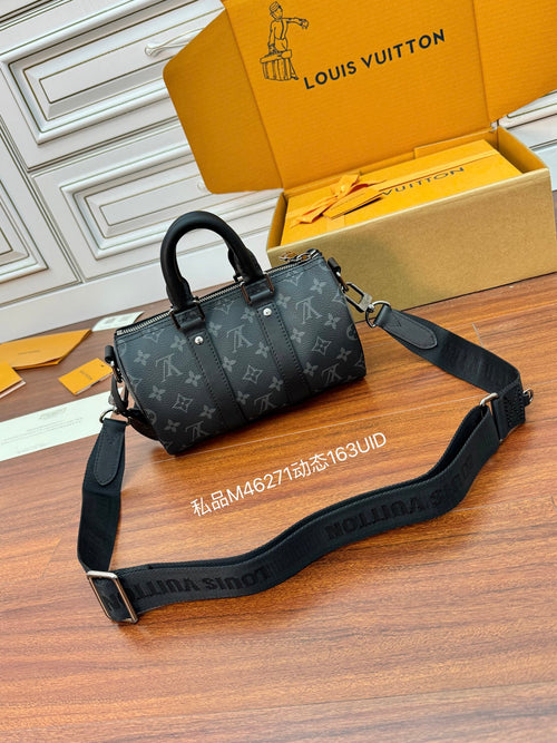 Men's Louis Vuitton monogram bag with top handles and shoulder strap, dark gray