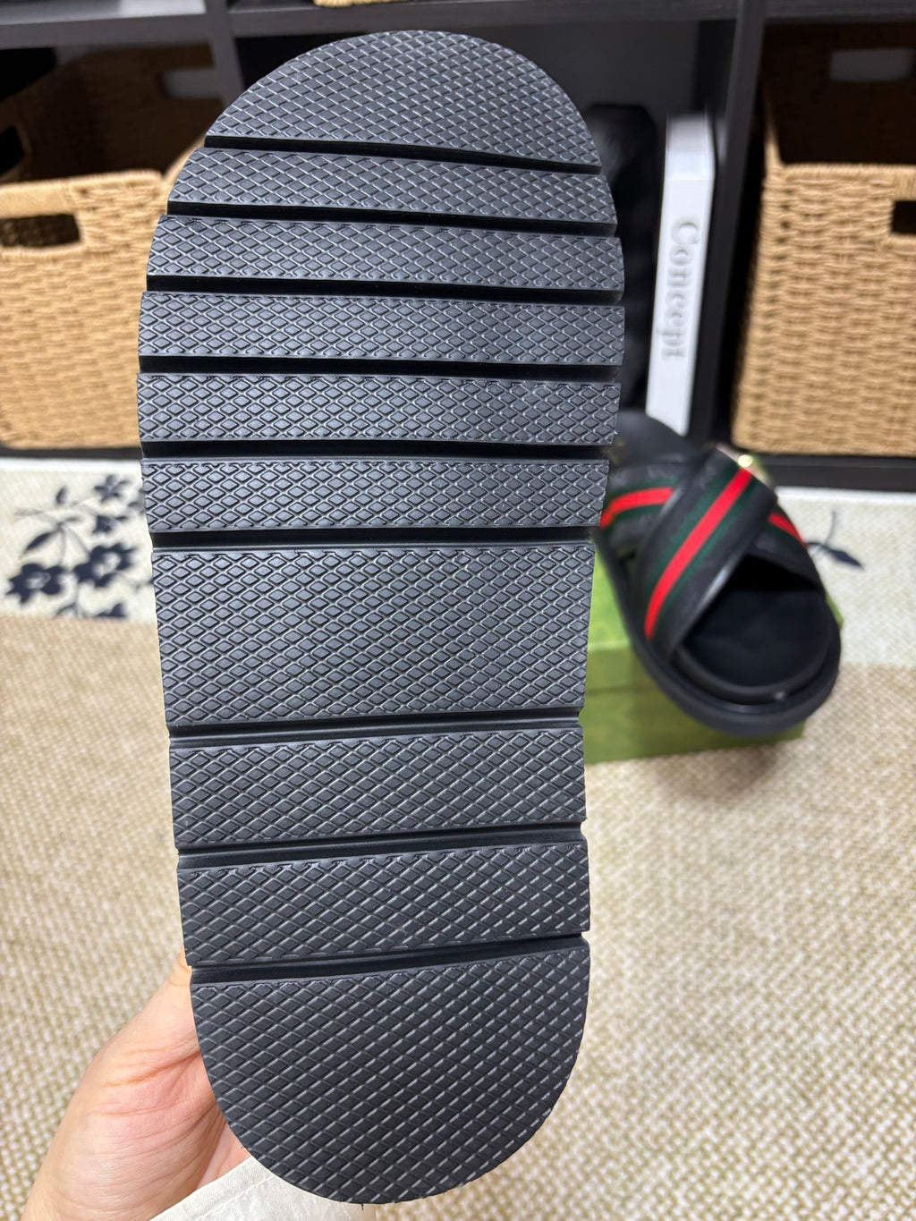 Gucci black rubber sandal sole with textured tread and stacked grip ridges