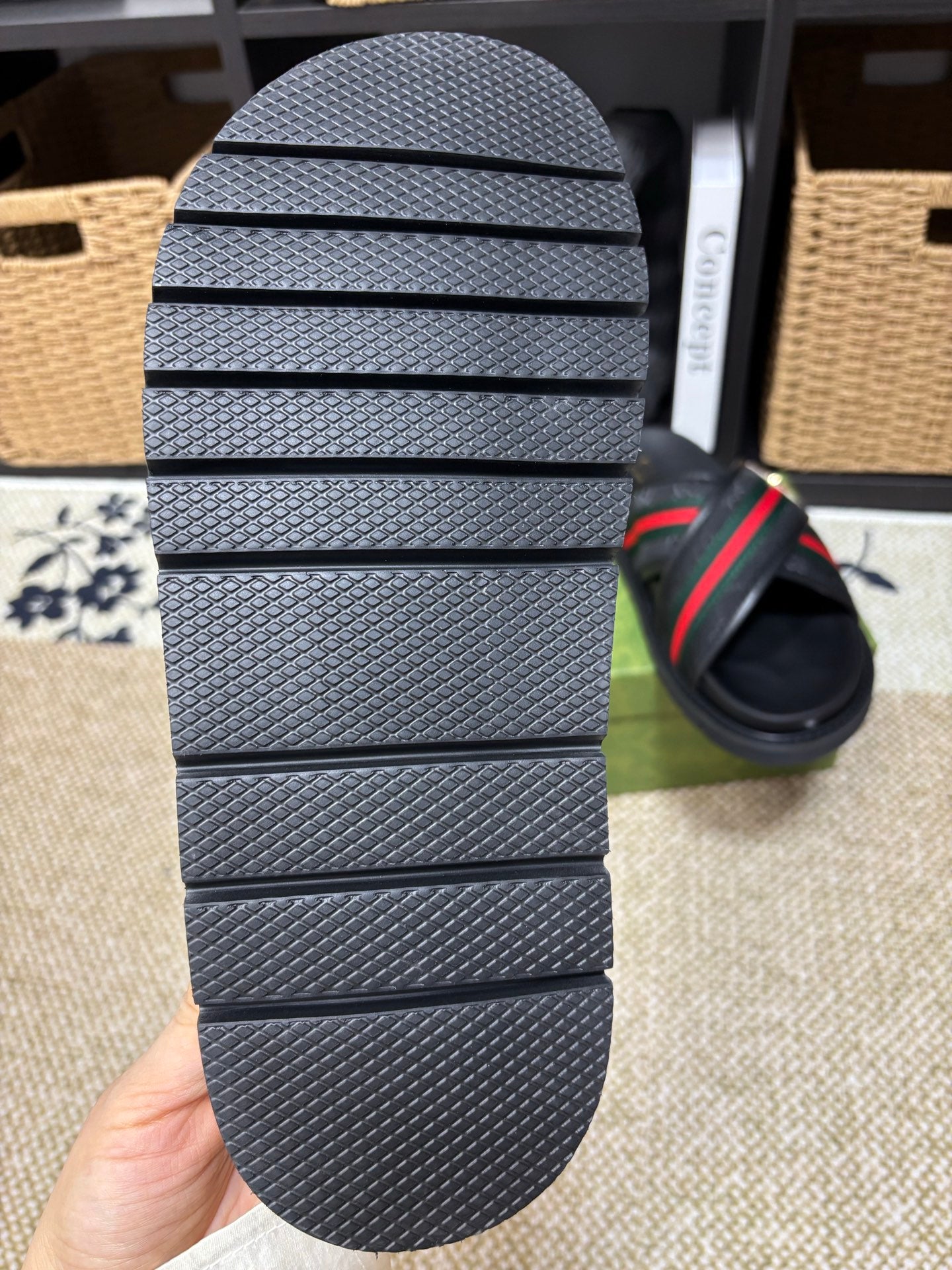 Gucci black rubber sandal sole with textured tread and stacked grip ridges