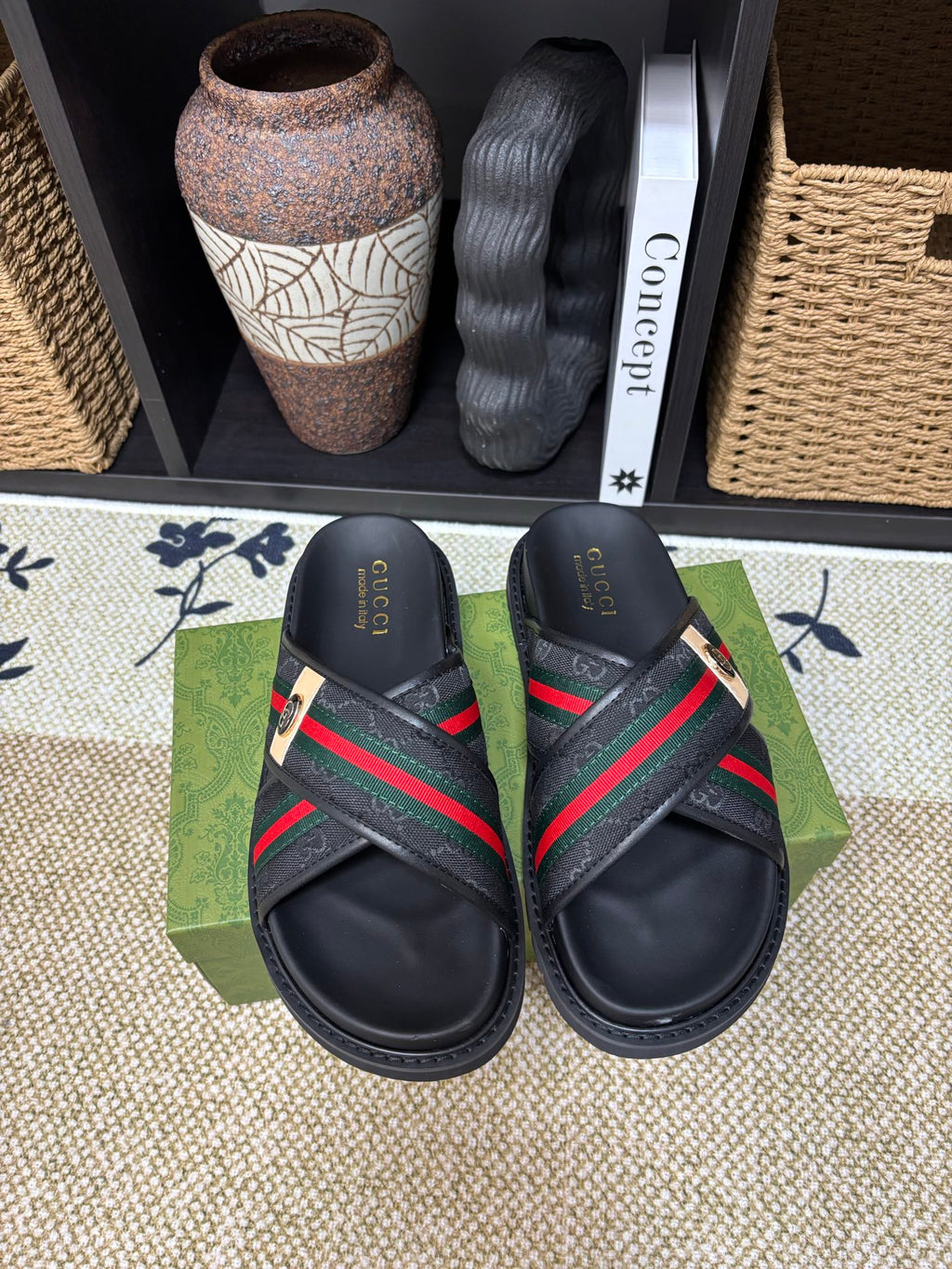 Gucci black slide sandals with green red web stripe and gold logo detail