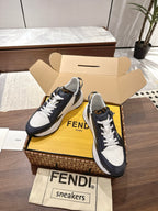 White and navy lace-up sneakers with FENDI Roma side print, boxed pair