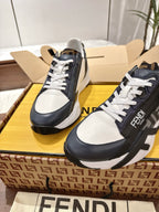 Navy and white FENDI Roma sneakers, white laces and rubber sole detail