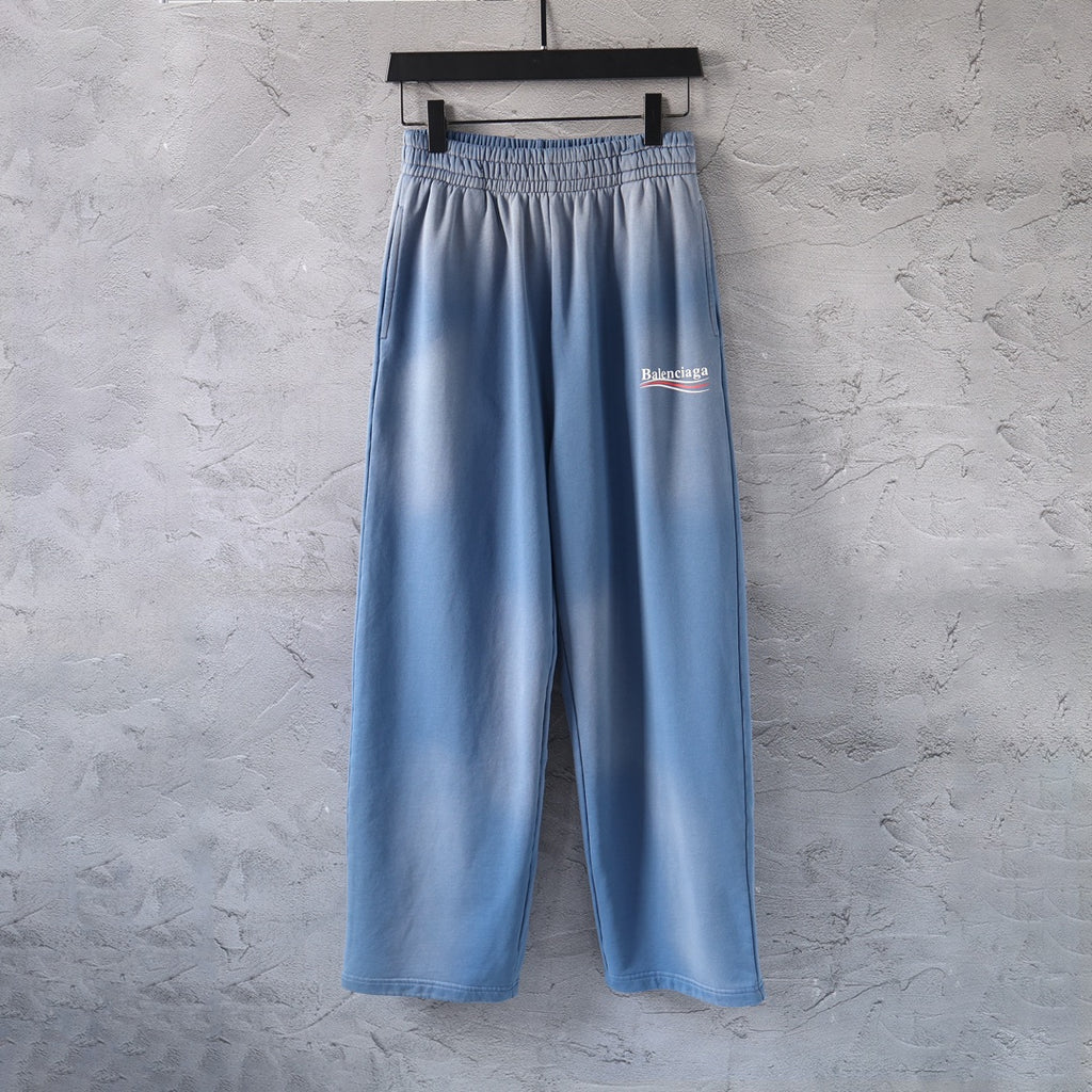 Light blue wide-leg pants with elastic waistband
