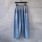 Light blue wide-leg pants with elastic waistband
