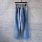 Light blue wide-leg pants with elastic waistband