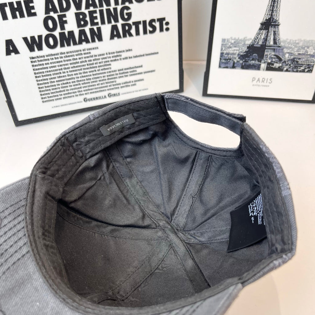 Balenciaga cap interior in dark gray with inner tag and stitched panels