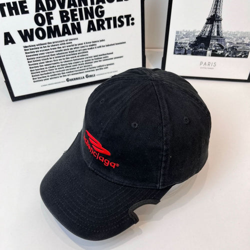 Black denim baseball cap with Balenciaga red logo patch on side