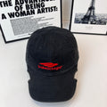 Denim baseball cap with Balenciaga red logo on front, black